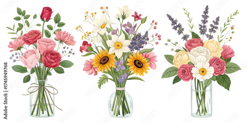 Naklejka premium Flower Bouquets PNG Set – Realistic Floral Arrangements Isolated and Separated on Transparent Background