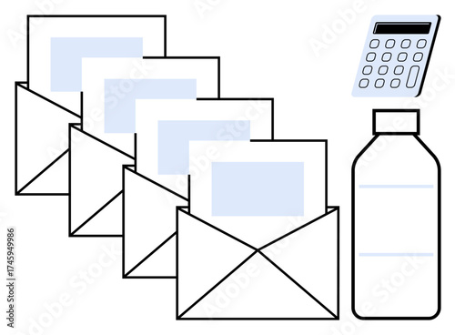 Four open envelopes with papers, a compact calculator, and a water bottle. Ideal for communication, office routine, organization, productivity, workplace essentials efficiency and hydration. Clean