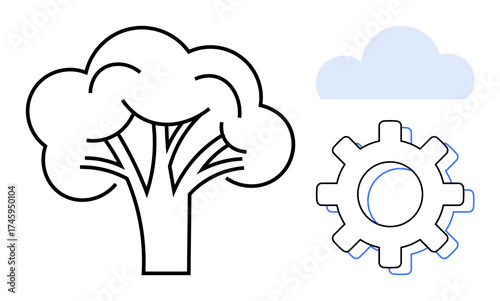 Outline of a tree, gear, and cloud symbolizing sustainability, innovation, and nature. Ideal for environmental technology, green energy, eco-friendly innovation, smart systems renewable resources