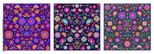 Vibrant traditional folk style Mexican floral design. Seamless colorful Asian pattern. Symmetrical art botanical elements. Festival, Indian, Turkish, Pakistani motifs for print, fabric, textile.