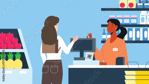 Customer and Cashier at Supermarket Checkout Counter Interaction