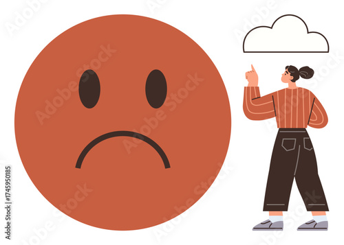 Woman pointing at a cloud, contemplating next steps. Large sad face signifies emotions. Ideal for emotion, problem-solving, reflection, mood, conflict mental health self-awareness. Simple flat