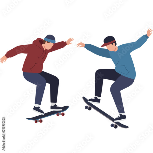 Two young male friends skateboarding together in a vector illustration.