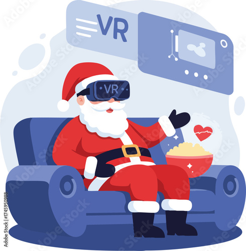 Santa Claus on sofa wearing VR headset with popcorn and floating heart