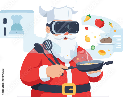 Chef cooks with VR headset; culinary virtual reality cooking lesson