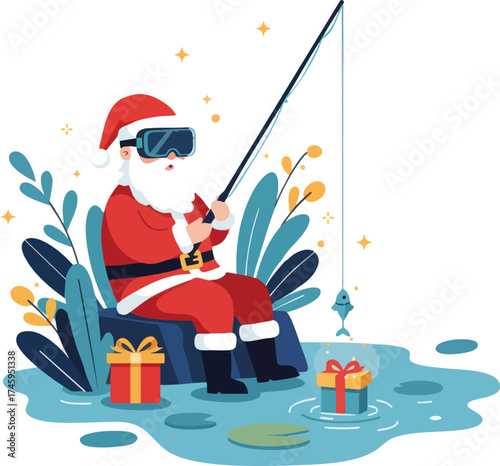 Santa fishing for gifts, wearing goggles. Holiday season illustration.