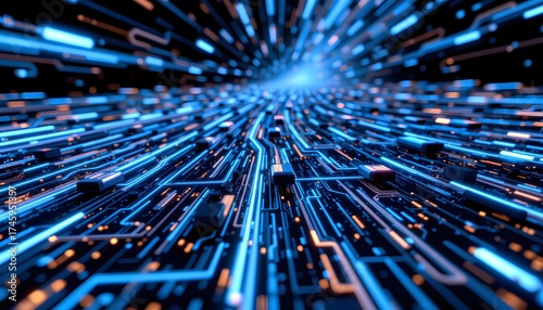 Digital Network Pathways: An electrifying visual symphony of interconnected pathways and glowing circuits, representing the core of digital innovation and technological advancement.