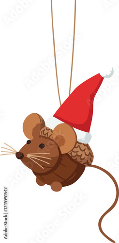 Cute festive mouse with a red santa hat on an isolated white background