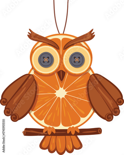 Cute decorative owl made of fruit, spices, and buttons illustration