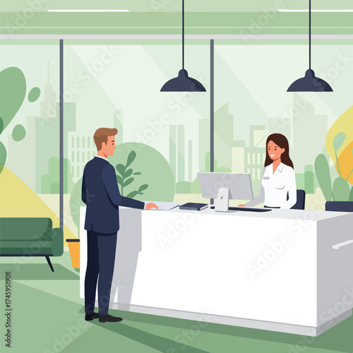 Businessman talking to a female receptionist at the front desk.