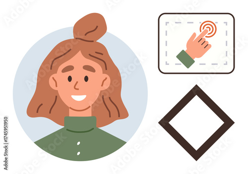 Smiling woman portrait, finger tapping touchscreen icon, and geometric diamond element. Ideal for user interface, communication, technology, interaction, learning profile engagement. Simple flat