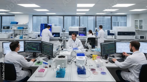 Scientists working in a modern laboratory with advanced equipment and computers for research and development