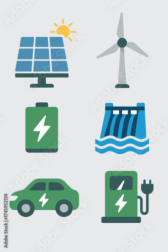 Flat icons showing renewable energy concepts like wind, solar, and hydro power. Clean white background for versatility.