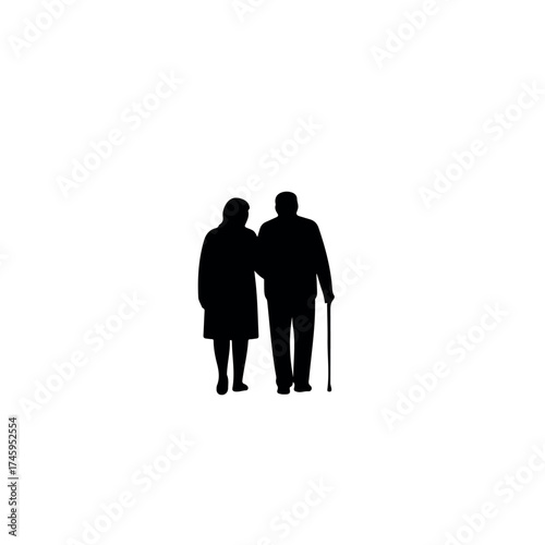 Elderly couple silhouette walking together in loving companionship.
