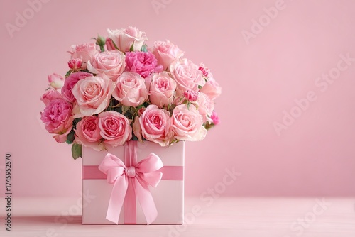 Pink Rose and Carnation Bouquet in White Gift Box with Ribbon on Soft Pink Background