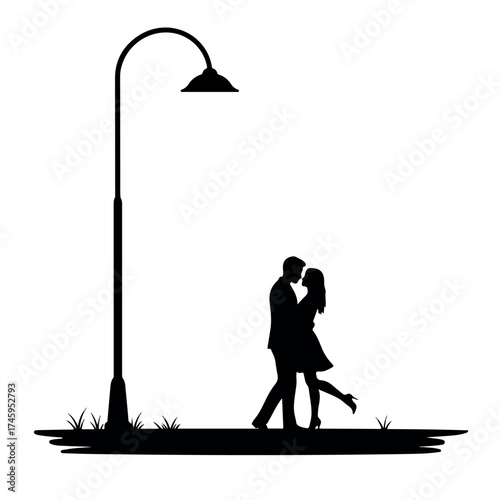 Romantic couple silhouette sharing an intimate moment under a lamppost.