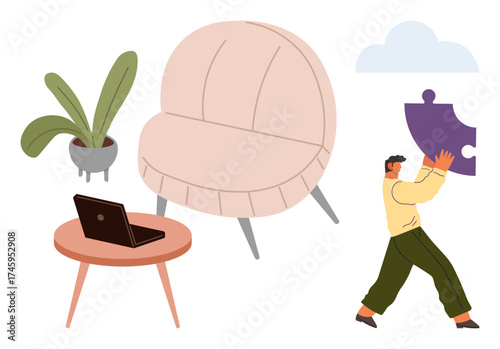 Man holding a puzzle piece, comfy chair, laptop on a table, potted plant, and cloud element. Ideal for teamwork, problem-solving, interior comfort, creativity strategy work-life balance simple