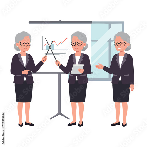 Set of an older business woman character giving a presentation.