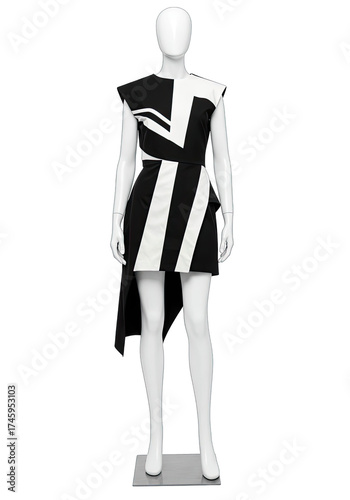 Fashionable mannequin showcasing a striking black and white dress design for modern appeal