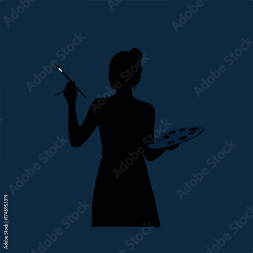 Silhouette of a female artist holding a paintbrush and palette.