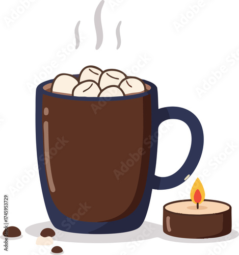 Cozy cup of cocoa with marshmallows and candle vector illustration