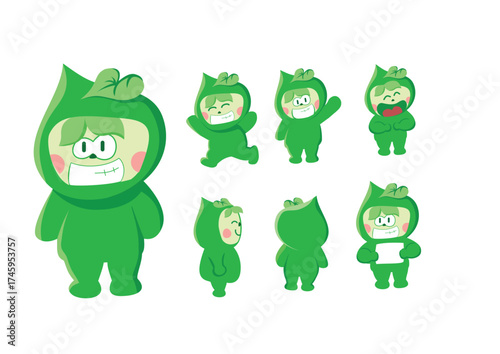 A cheerful green tea mascot shaped like a tea leaf with a big smile and cute expressions. It radiates freshness, friendliness, and nature’s positive energy.