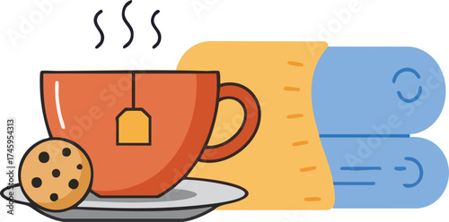Hot tea, cookies, and a blanket depicted with simple graphic elements.