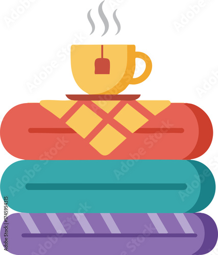 Cozy blankets stacked, with tea cup steaming on top, simple flat design