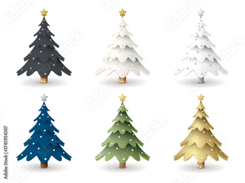 Set of 3D cute decorated Christmas tree isolated graphic illustration.