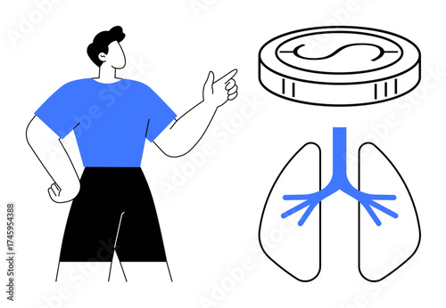 Person gestures toward lungs and coin, symbolizing respiratory health and financial value. Ideal for health investment, wellness, healthcare economy, financial planning, medical funding, wealth