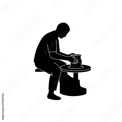 Silhouette of a potter creating a clay pot on a wheel.