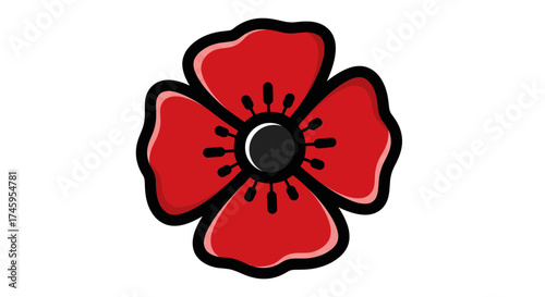 Red Poppy Flower Icon with Black Center. Remembrance Day, Veteran's Day, and Anzac Day Symbol for Honoring Military Sacrifice.