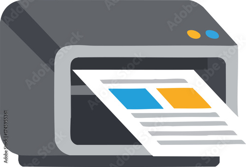 Office printer with paper coming out, printing document page.