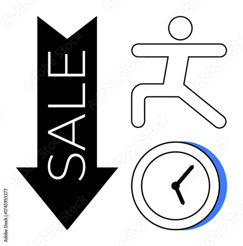 Downward arrow with Sale text, a clock, and an active person icon. Ideal for sales, urgency, activity, time management, discounts, productivity retail marketing and simple flat metaphor