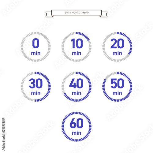 タイマーアイコンセット（青・0〜60分）｜ブルータイマー, 時間管理, 分表示, 10分刻み, Timer Icons, Countdown, Time Visualization, Vector Set