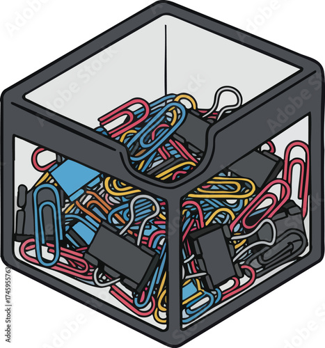 Cube office organizer filled with colorful paperclips and binder clips