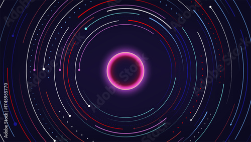 futuristic abstract digital background with glowing sphere and neon rings showcasing cyber technology style and cosmic motion for sci fi art design and virtual space concepts