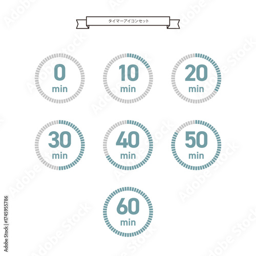 タイマーアイコンセット（グリーン・0〜60分）｜ミントカラー, 時間表示, 10分刻み, 時間管理, Time Visualization, Countdown Icons, Vector Set