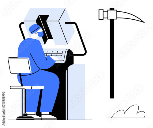 Factory worker using advanced computer-operated machinery paired with a scythe symbol indicating automation. Ideal for technology, automation, industry, productivity, labor, innovation, and modern