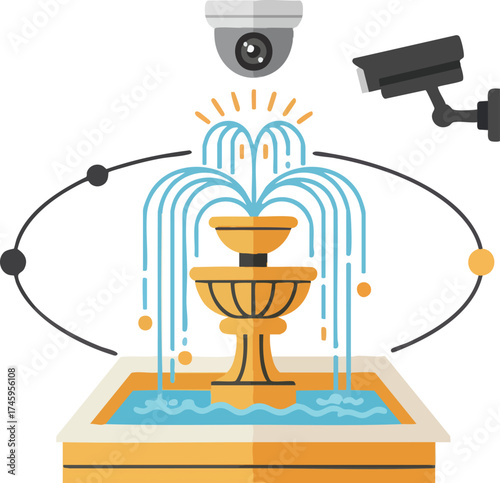 Ornamental fountain with flowing water and security cameras watching