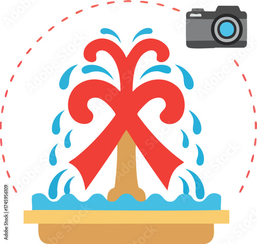 Flat design fountain icon with camera for tourism theme or concept
