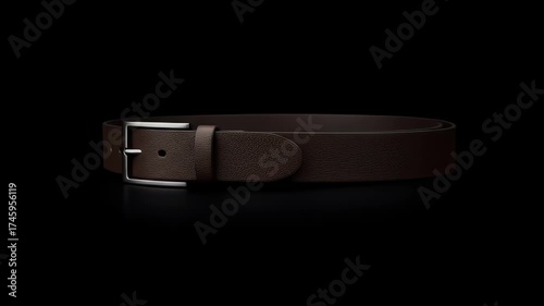 Classic brown leather belt with metallic buckle isolated on black.