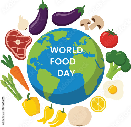 Global World Food Day celebration with Earth surrounded by diverse healthy foods, promoting nutrition and sustainable eating