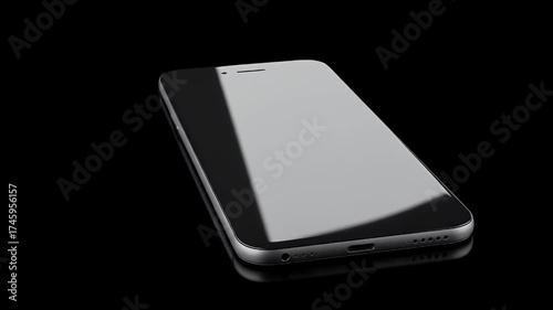 Sleek modern smartphone with reflective screen lies on black background.