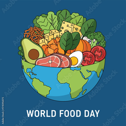 Illustrative globe brimming with diverse, nutritious foods, symbolizing worldwide commitment to health, sustainable eating, and food security for all