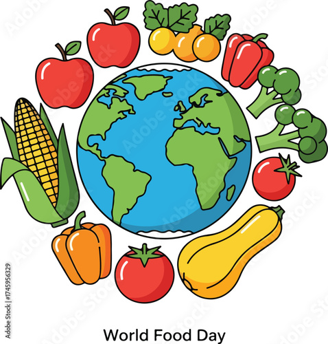 Colorful illustration of Earth surrounded by fresh, wholesome fruits and vegetables, symbolizing global nutrition, sustainable food sources, and healthy eating awareness worldwide