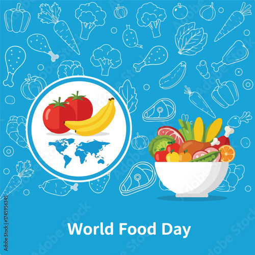 Vibrant graphic emphasizing global food diversity and healthy eating, featuring abundant fresh fruits, vegetables, and proteins to encourage sustainable nutrition worldwide