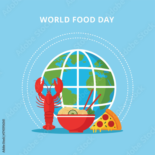 Vibrant illustration celebrating global food diversity. Features international dishes like lobster, noodles, and pizza with a world globe, symbolizing universal culinary appreciation