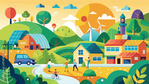 Vibrant suburban landscape with houses roads and people enjoying nature vector
