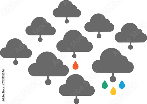 Gray clouds with colorful raindrops on a white background, weather theme